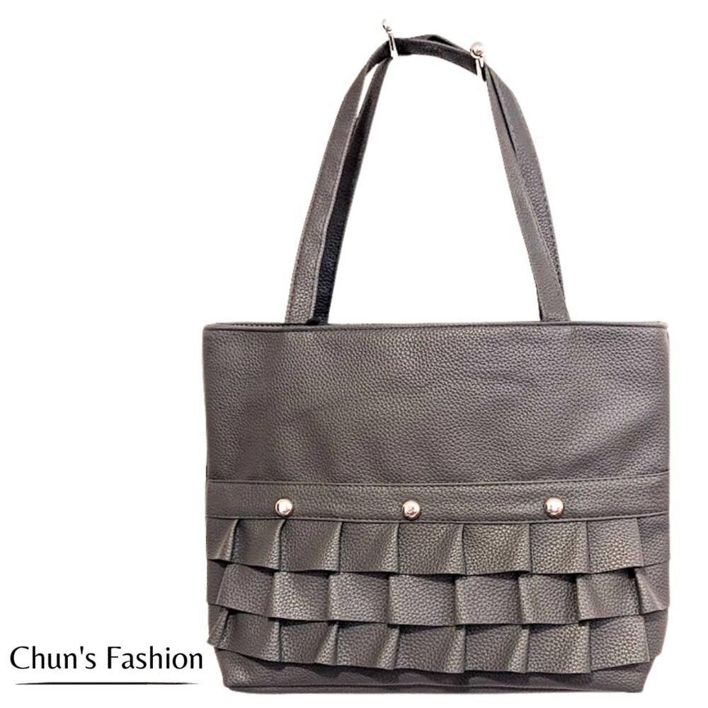 Women's Gray Vegan Faux Leather Medium Hand Bag w/ Silver Studs & Ruffles NWT